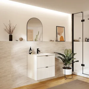 Gestreept hangmeubel voor badkamer met inbouwwastafel, mat wit, 60 cm, ZEVINI Gestreept hangmeubel voor badkamer met inbouwwastafel, mat wit, 60 cm, ZEVINI