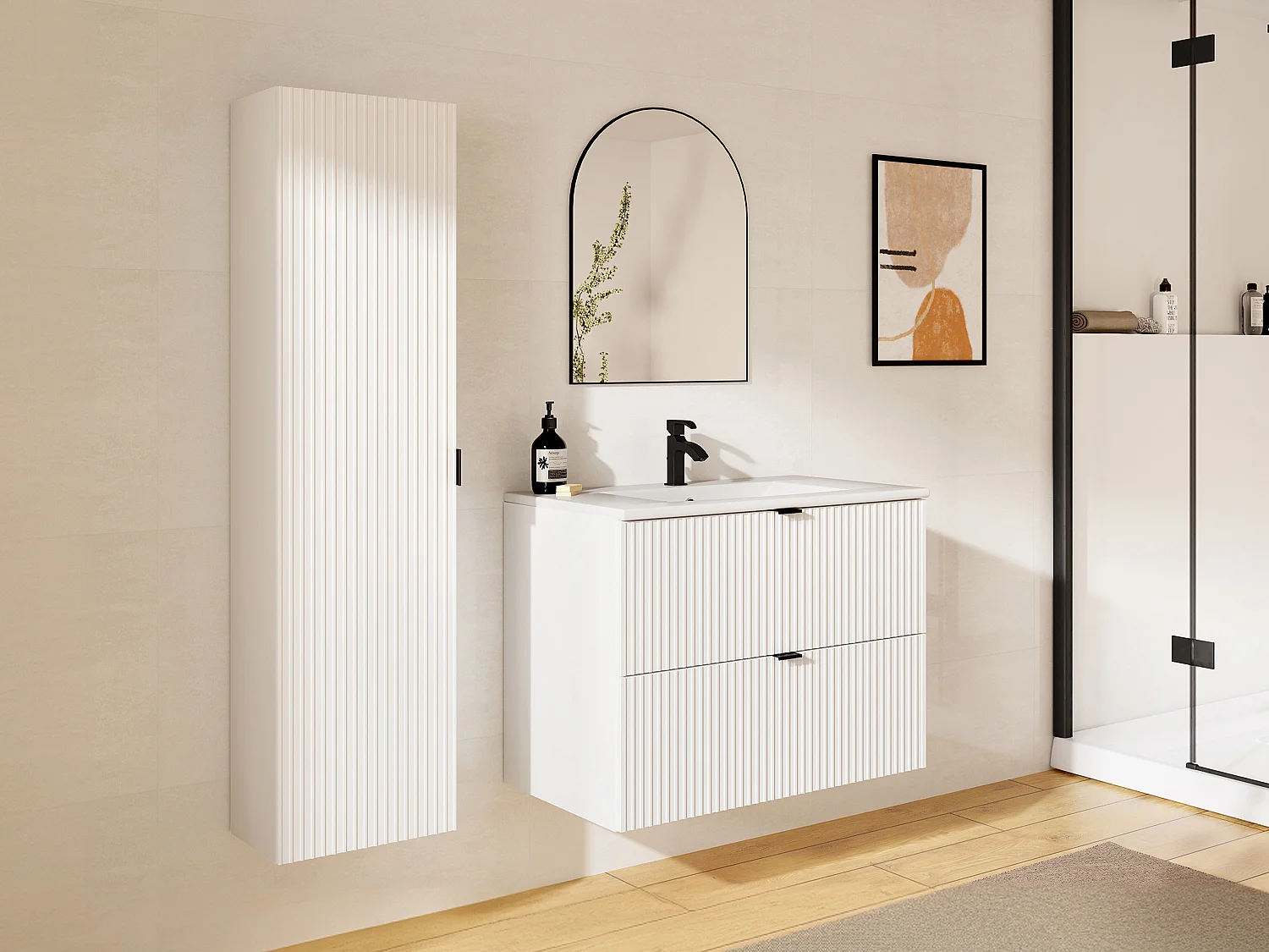 Gestreept hangmeubel voor badkamer met inbouwwastafel, kolom, wit, 80 cm, ZEVINI