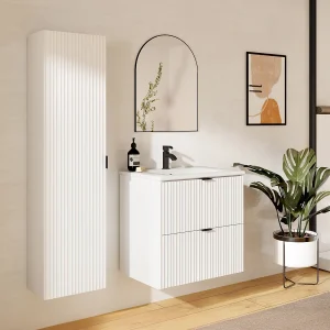 Gestreept hangmeubel voor badkamer met inbouwwastafel, kolom, wit, 60 cm, ZEVINI Gestreept hangmeubel voor badkamer met inbouwwastafel, kolom, wit, 60 cm, ZEVINI
