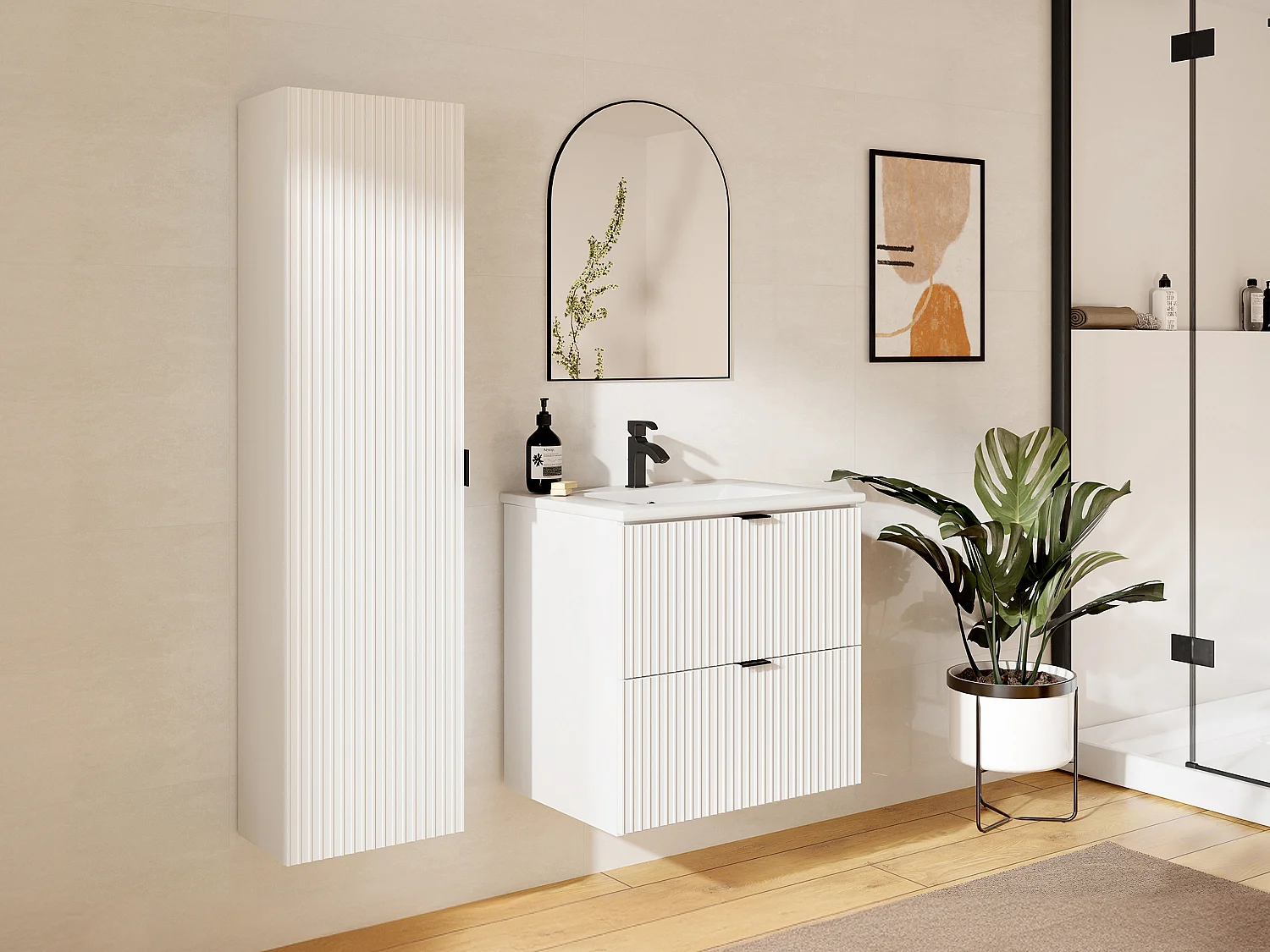 Gestreept hangmeubel voor badkamer met inbouwwastafel, kolom, wit, 60 cm, ZEVINI