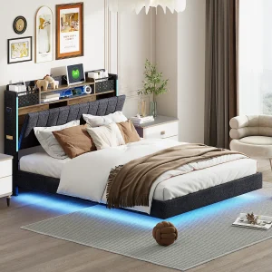 Gestoffeerd bed 140 x 200 cm met opberghoofdeinde – LED-verlichting en USB-aansluiting – Linnenstof – Grijs Gestoffeerd bed 140 x 200 cm met opberghoofdeinde – LED-verlichting en USB-aansluiting – Linnenstof – Grijs