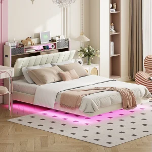 Gestoffeerd bed 140 x 200 cm met opberghoofdeinde – LED-verlichting en USB-aansluiting – Linnenstof – Beige Gestoffeerd bed 140 x 200 cm met opberghoofdeinde – LED-verlichting en USB-aansluiting – Linnenstof – Beige