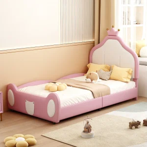 Gewatteerd kinderbed 90 x 200 cm gevoerd met PU-leer, tweekleurig patchworkpatroon, lattenbodem, roze Gewatteerd kinderbed 90 x 200 cm gevoerd met PU-leer, tweekleurig patchworkpatroon, lattenbodem, roze