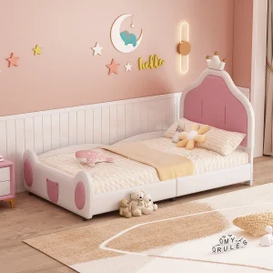 Gestoffeerd kinderbed 90 x 200 cm gevoerd met PU-leer, tweekleurig patchworkpatroon, lattenbodem, wit Gestoffeerd kinderbed 90 x 200 cm gevoerd met PU-leer, tweekleurig patchworkpatroon, lattenbodem, wit
