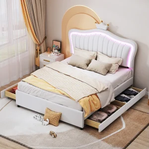 Gestoffeerd bed 140 x 200 cm met 4 lades en LED-verlichting – kroonpatroon – lattenbodem – wit Gestoffeerd bed 140 x 200 cm met 4 lades en LED-verlichting – kroonpatroon – lattenbodem – wit