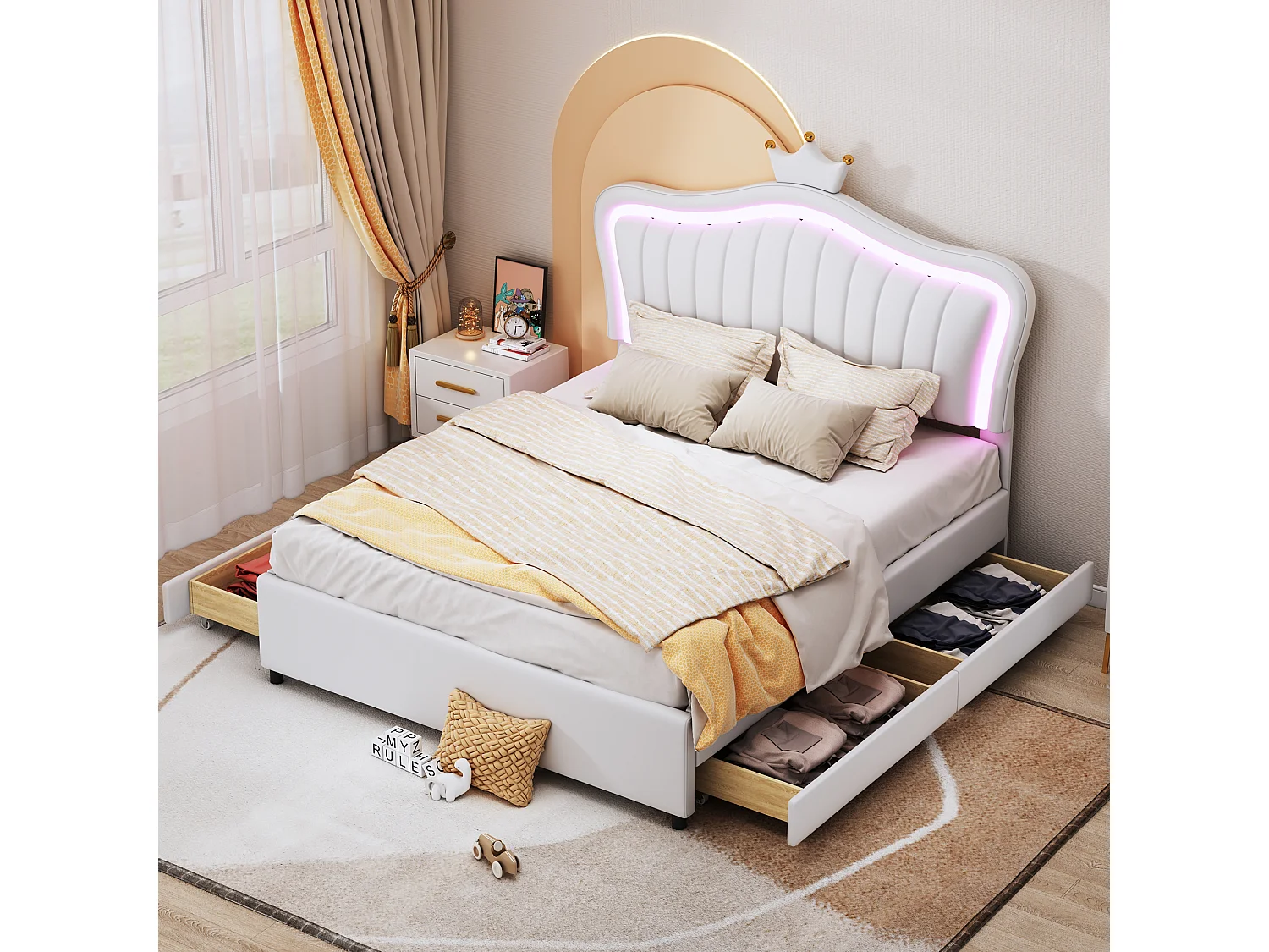 Gestoffeerd bed 140 x 200 cm met 4 lades en LED-verlichting - kroonpatroon - lattenbodem - wit