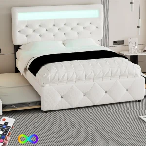 Gestoffeerd volwassenenbed 140x200cm met LED – met onderschuifbed en 2 laden – Linnenstof – Beige Gestoffeerd volwassenenbed 140x200cm met LED – met onderschuifbed en 2 laden – Linnenstof – Beige
