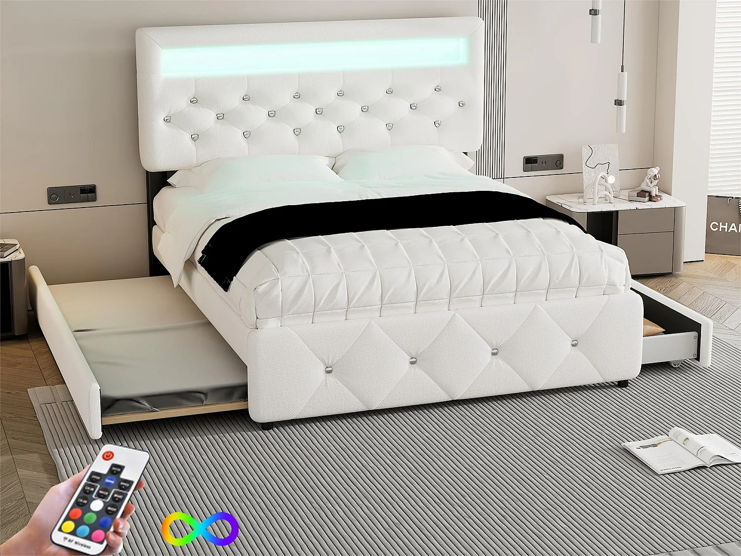 Gestoffeerd volwassenenbed 140x200cm met LED - met onderschuifbed en 2 laden - Linnenstof - Beige