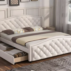Volwassen bed bekleed met kunstleer – 160x200cm – met 2 laden – Wit