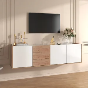 Hangend TV-meubel of TV-meubel met 3 laden en 3 deuren – 171,5 L x 35 B x 47 H cm – Spaanplaat – Wit + naturel Hangend TV-meubel of TV-meubel met 3 laden en 3 deuren – 171,5 L x 35 B x 47 H cm – Spaanplaat – Wit + naturel