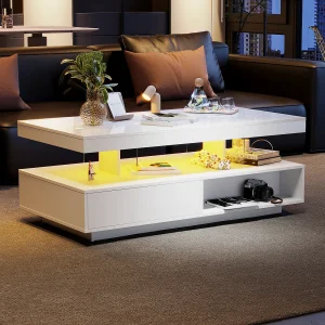 Glanzend witte salontafel 95x50x42,5 cm – met 4 glazen bladen, 2 laden en 2 open vakken, lage kast in de woonkamer, salontafel