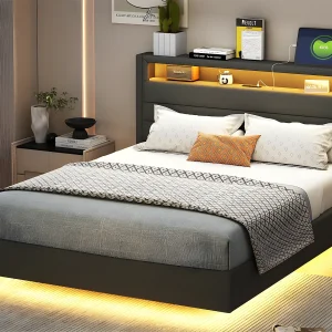 Gewatteerd bed 140x200cm in linnenstof – met USB-aansluiting en LED – omkeerbaar hoofdeinde – Grijs Gewatteerd bed 140x200cm in linnenstof – met USB-aansluiting en LED – omkeerbaar hoofdeinde – Grijs
