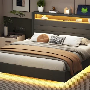 Gewatteerd bed 160x200cm in linnenstof – met USB-aansluiting en LED – omkeerbaar hoofdeinde – Grijs Gewatteerd bed 160x200cm in linnenstof – met USB-aansluiting en LED – omkeerbaar hoofdeinde – Grijs
