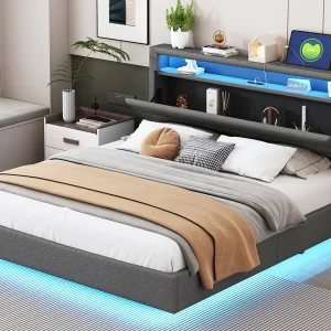 Gestoffeerd bed 160 x 200 cm – USB-aansluiting + LED's – omkeerbaar hoofdeinde – linnen stof – grijs