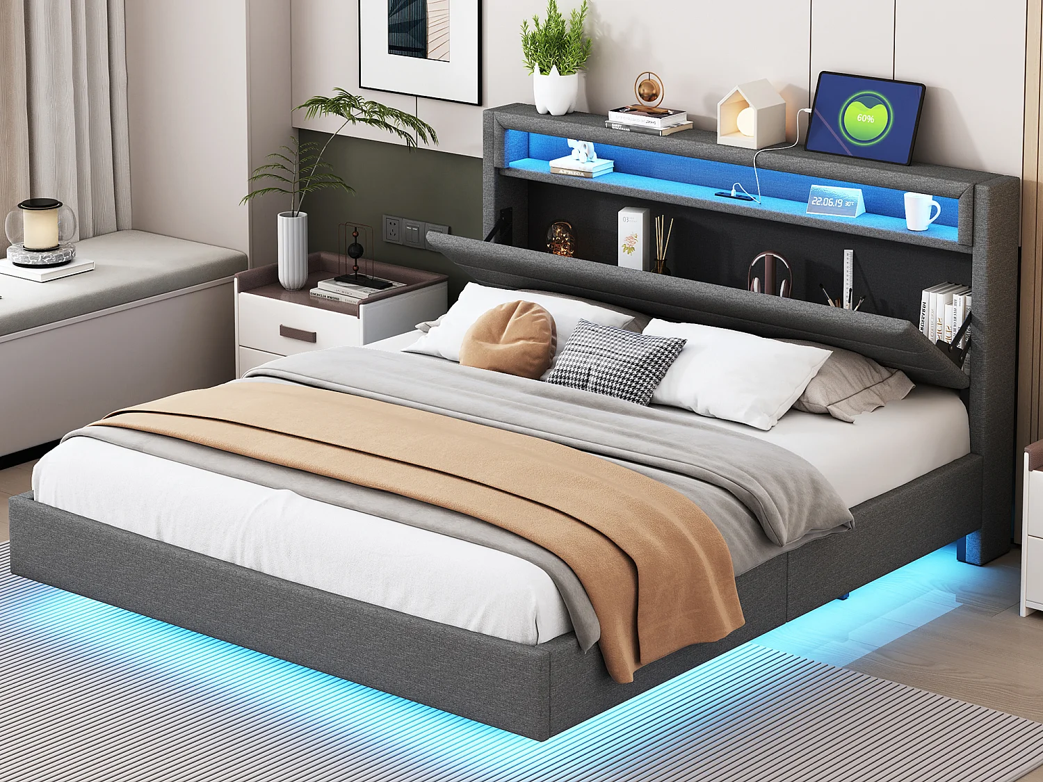 Gestoffeerd bed 160 x 200 cm - USB-aansluiting + LED's - omkeerbaar hoofdeinde - linnen stof - grijs