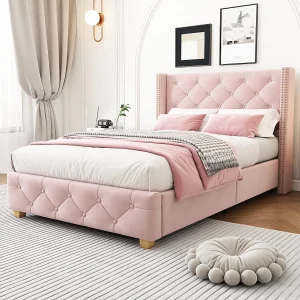 Gestoffeerd bed 90 x 200 cm met hoofdbord – fluweel – decoratie met knopen en klinknagels – roze