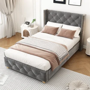 Gestoffeerd bed 90 x 200 cm met hoofdeinde – fluweel – decoratie met knopen en klinknagels – grijs