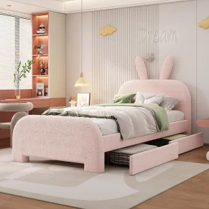 Gestoffeerd bed 90 x 200 cm met 2 lades – Pluche stof – Konijnvormig hoofdeinde – Roze kleur