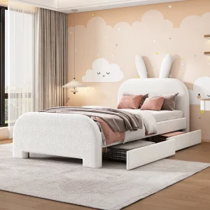 Gestoffeerd bed 90 x 200 cm met 2 lades – Pluche stof – Konijnvormig hoofdeinde – Kleur wit