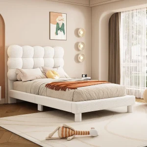 Gestoffeerd bed 90 x 200 cm met verstelbaar hoofdeinde – Pluche stof – Modieus en eenvoudig – Kleur wit