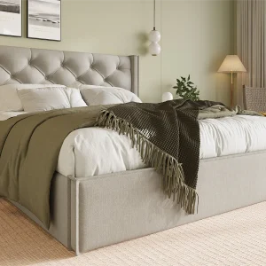 Gewatteerd opbergbed 160x200cm in katoenen stof – met lattenbodem – Lichtgrijs Gewatteerd opbergbed 160x200cm in katoenen stof – met lattenbodem – Lichtgrijs