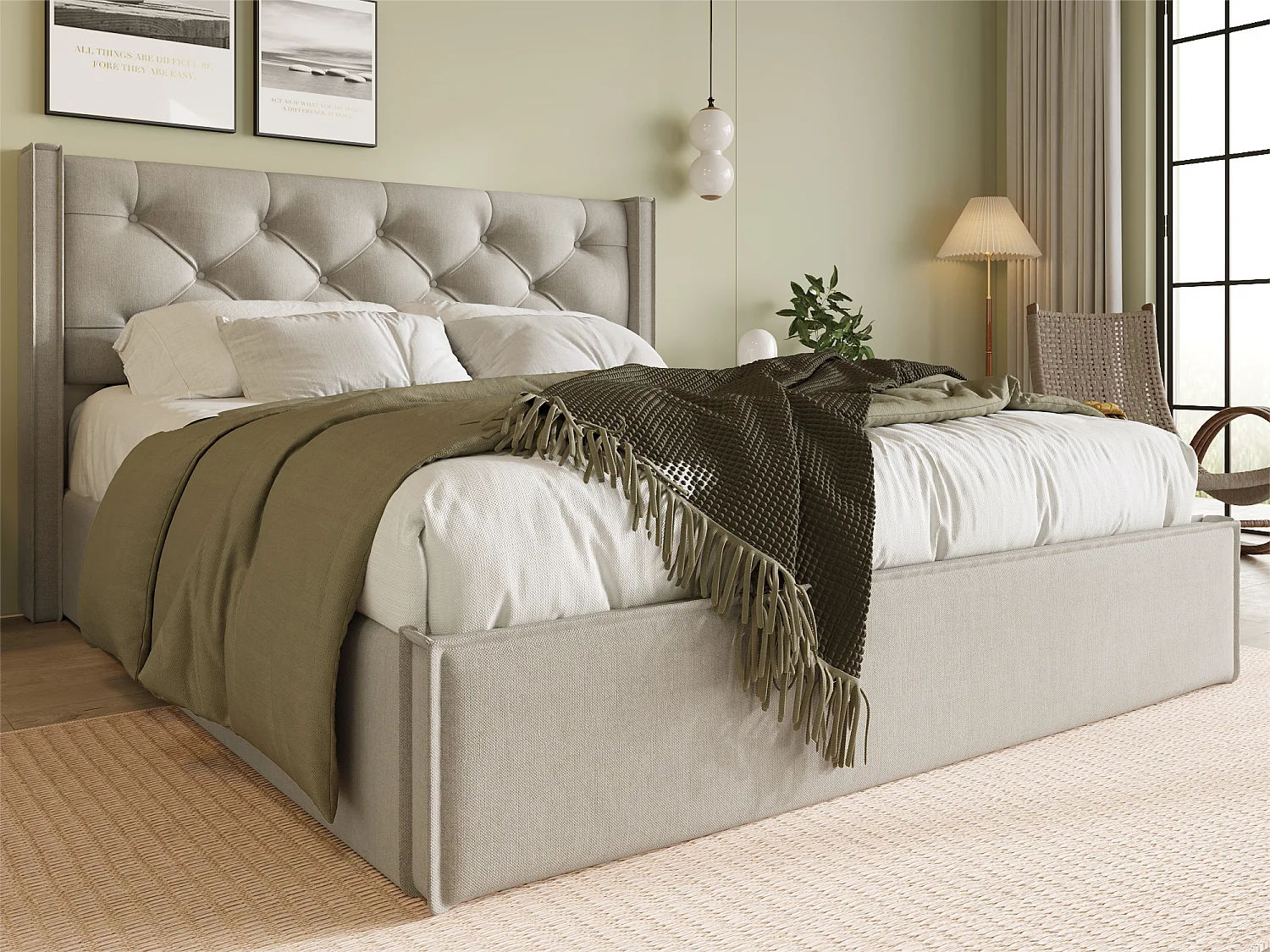 Gewatteerd opbergbed 160x200cm in katoenen stof - met lattenbodem - Lichtgrijs