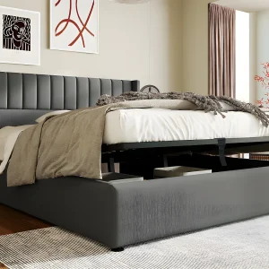 Gestoffeerd opbergbed 140x200cm in linnen met lattenbodem – Grijs Gestoffeerd opbergbed 140x200cm in linnen met lattenbodem – Grijs
