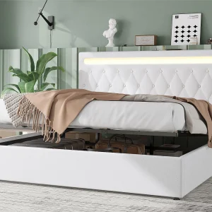 Gewatteerd opbergbed 180x200cm – met kleurwisselende LED en USB-aansluitingen – Wit