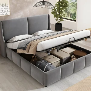 Gestoffeerd opbergbed 180x200cm in fluweel – opbergbed met lattenbodem – Grijs Gestoffeerd opbergbed 180x200cm in fluweel – opbergbed met lattenbodem – Grijs