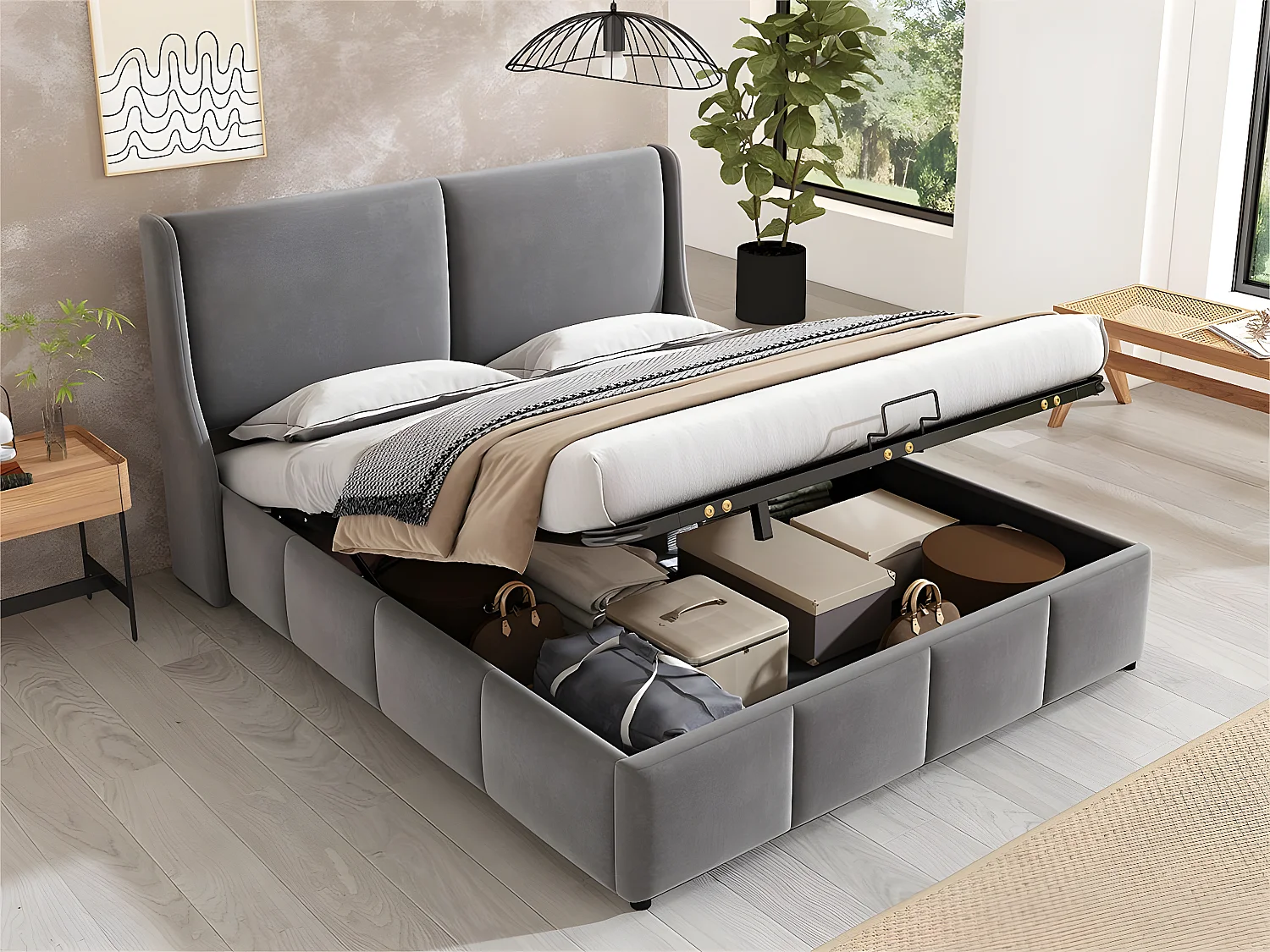 Gestoffeerd opbergbed 180x200cm in fluweel - opbergbed met lattenbodem - Grijs