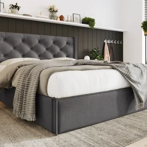 Gewatteerd opbergbed 160x200cm in katoenen stof – met lattenbodem – Grijs Gewatteerd opbergbed 160x200cm in katoenen stof – met lattenbodem – Grijs