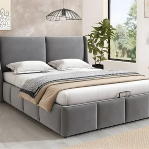 Gestoffeerd opbergbed 140x200cm in fluweel – opbergbed met lattenbodem – Grijs Gestoffeerd opbergbed 140x200cm in fluweel – opbergbed met lattenbodem – Grijs