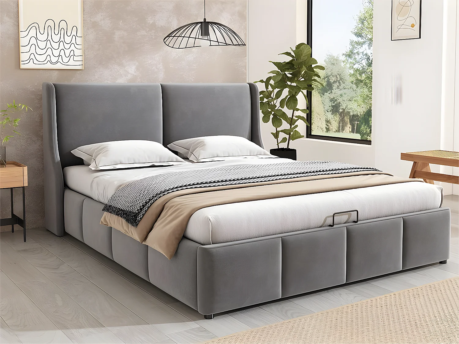 Gestoffeerd opbergbed 140x200cm in fluweel - opbergbed met lattenbodem - Grijs