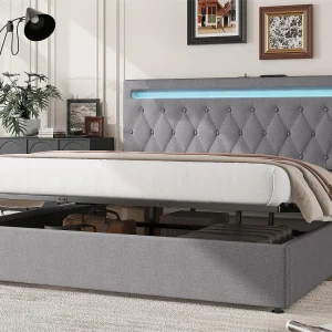 Gewatteerd opbergbed 180x200cm – met kleurwisselende LED en USB-aansluitingen – Grijs