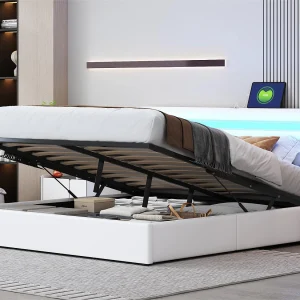 Gestoffeerd kunstleer opbergbed 160x200cm met LED, Bluetooth speler en USB oplaadpoorten – met lattenbodem – Wit Gestoffeerd kunstleer opbergbed 160x200cm met LED, Bluetooth speler en USB oplaadpoorten – met lattenbodem – Wit