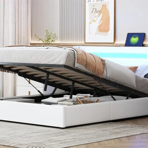 Gestoffeerd kunstleer opbergbed 140x200cm met LED, Bluetooth speler en USB oplaadpoorten – met lattenbodem – Wit Gestoffeerd kunstleer opbergbed 140x200cm met LED, Bluetooth speler en USB oplaadpoorten – met lattenbodem – Wit