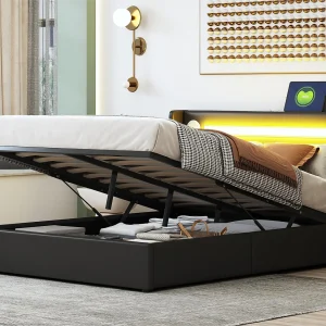 Gestoffeerd kunstleer opbergbed 140x200cm met LED, Bluetooth speler en USB oplaadpoorten – met lattenbodem – Zwart Gestoffeerd kunstleer opbergbed 140x200cm met LED, Bluetooth speler en USB oplaadpoorten – met lattenbodem – Zwart