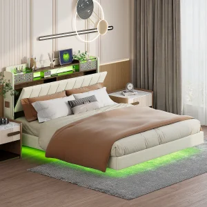 Gestoffeerd bed 160 x 200 cm met opberghoofdeinde – LED-verlichting en USB-aansluiting – Linnenstof – Beige