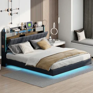 Gestoffeerd bed 160 x 200 cm met opberghoofdeinde – LED-verlichting en USB-aansluiting – Linnenstof – Grijs
