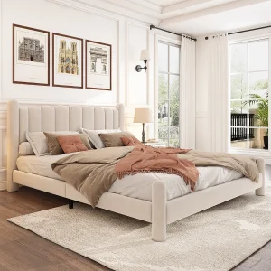 Gestoffeerd bed 160 x 200 cm met hoofdeinde – volwassen fluwelen bed – waaiervorm – beige