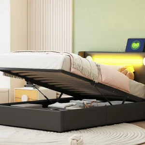 Gestoffeerd kunstleer opbergbed 90x200cm met LED, Bluetooth speler en USB oplaadpoorten – met lattenbodem – Zwart Gestoffeerd kunstleer opbergbed 90x200cm met LED, Bluetooth speler en USB oplaadpoorten – met lattenbodem – Zwart