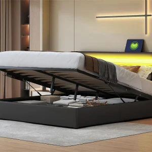 Gestoffeerd kunstleer opbergbed 160x200cm met LED, Bluetooth speler en USB oplaadpoorten – met lattenbodem – Zwart Gestoffeerd kunstleer opbergbed 160x200cm met LED, Bluetooth speler en USB oplaadpoorten – met lattenbodem – Zwart