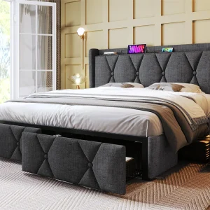 Gewatteerd linnen bed 140x200cm – met 4 laden en USB-oplaadpoorten – Grijs (matras niet inbegrepen) Gewatteerd linnen bed 140x200cm – met 4 laden en USB-oplaadpoorten – Grijs (matras niet inbegrepen)