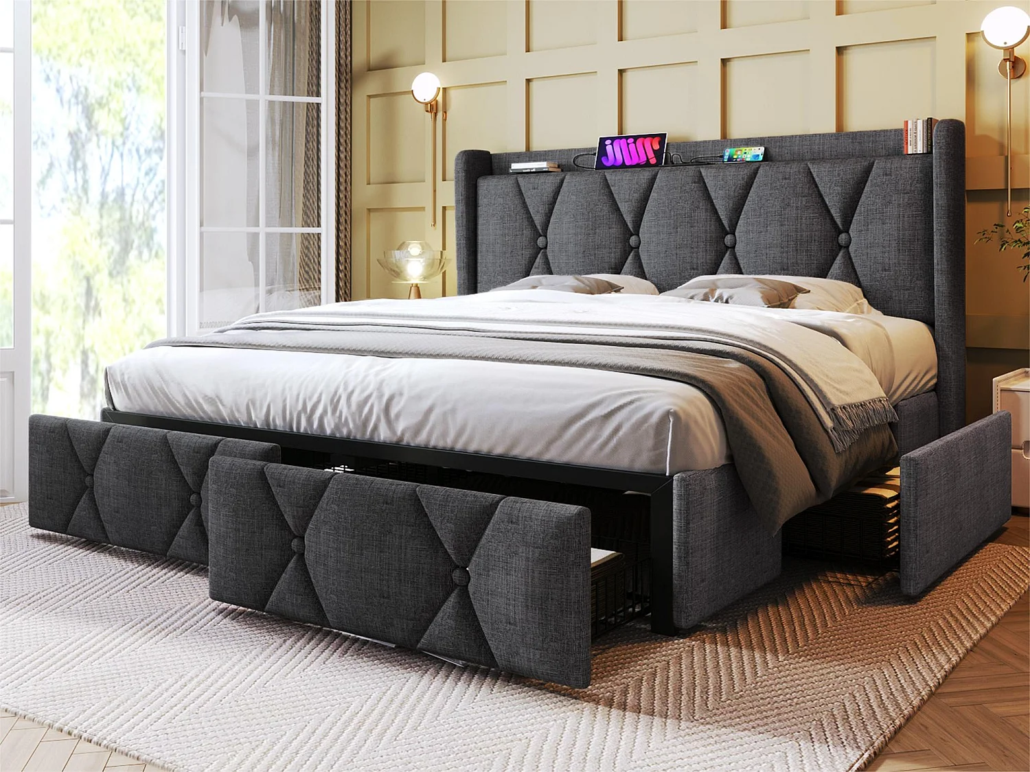 Gewatteerd linnen bed van 160x200cm - met 4 laden en USB-oplaadpoorten - Grijs (matras niet inbegrepen)
