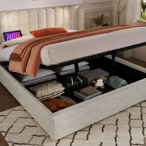 Gestoffeerd opbergbed met LED en USB oplaadpoorten – 160x200cm – linnen stof – met lattenbodem – Beige Gestoffeerd opbergbed met LED en USB oplaadpoorten – 160x200cm – linnen stof – met lattenbodem – Beige