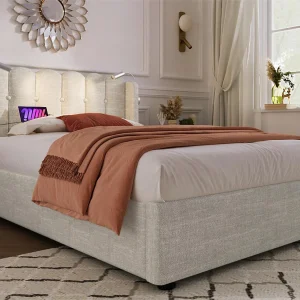 Gestoffeerd opbergbed met LED en USB oplaadpoorten – 90x200cm – linnen stof – met lattenbodem – Beige Gestoffeerd opbergbed met LED en USB oplaadpoorten – 90x200cm – linnen stof – met lattenbodem – Beige