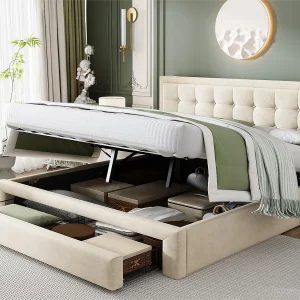 Gewatteerd opbergbed 160x200cm in fluweel – met lade en lattenbodem – Beige (zonder matras) Gewatteerd opbergbed 160x200cm in fluweel – met lade en lattenbodem – Beige (zonder matras)