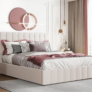 Gestoffeerd opbergbed – 140x200cm – stof fluweel – Beige Gestoffeerd opbergbed – 140x200cm – stof fluweel – Beige
