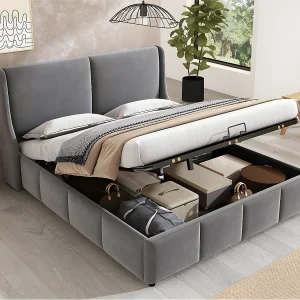 Gestoffeerd opbergbed 160x200cm in fluweel – opbergbed met lattenbodem – Grijs Gestoffeerd opbergbed 160x200cm in fluweel – opbergbed met lattenbodem – Grijs