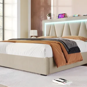 Gestoffeerd opbergbed 160x200cm met LED en USB en Type-C oplaadpoort – Linnenstof – lattenbodem – Beige Gestoffeerd opbergbed 160x200cm met LED en USB en Type-C oplaadpoort – Linnenstof – lattenbodem – Beige